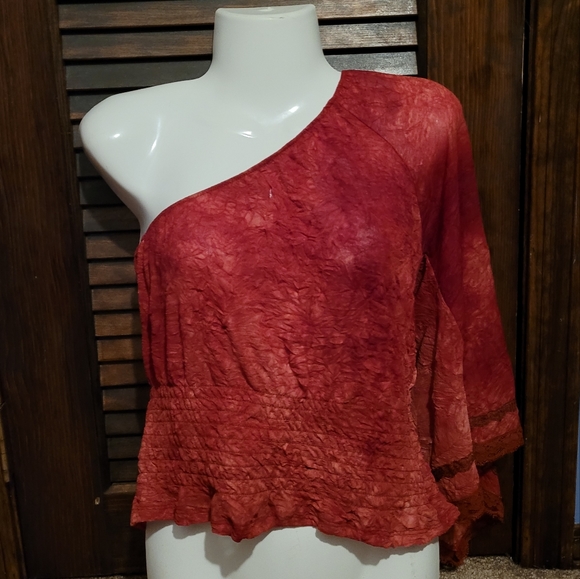 Wet Seal Red Off-The-Shoulder Top Women's Medium M Ruffled Lace Sinched Waisted - Picture 7 of 7